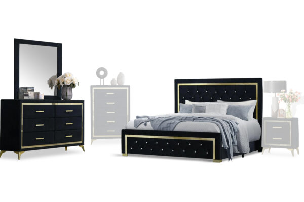 Kingdom bed, dresser and mirror