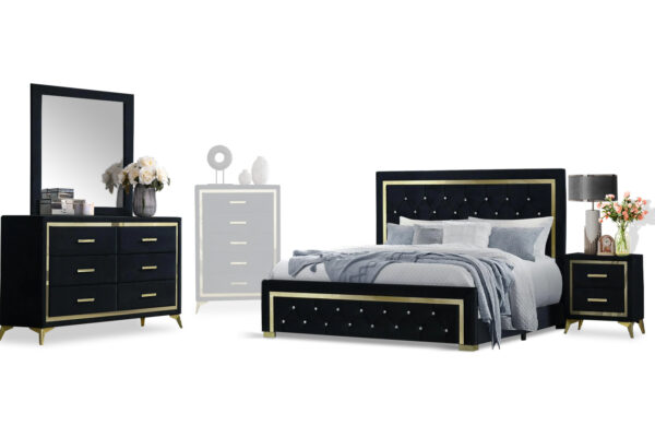 Kingdom bed, dresser, mirror and nightstand