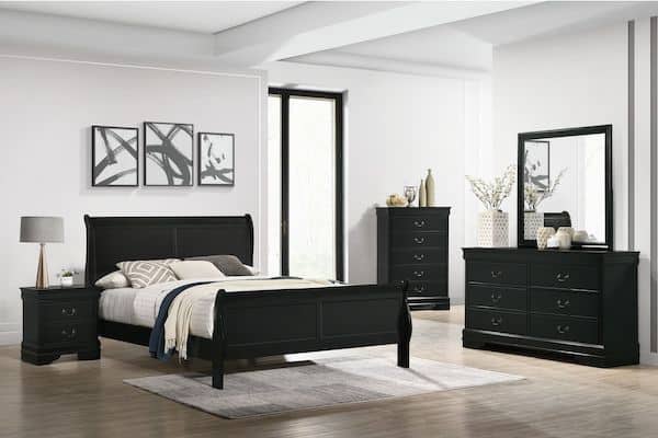 Acme Furniture Louis Philippe III Collection 24390Q5PC Bedroom Set with  Queen Size Bed, Dresser, Mirror, Chest and Nightstand in Black Finish
