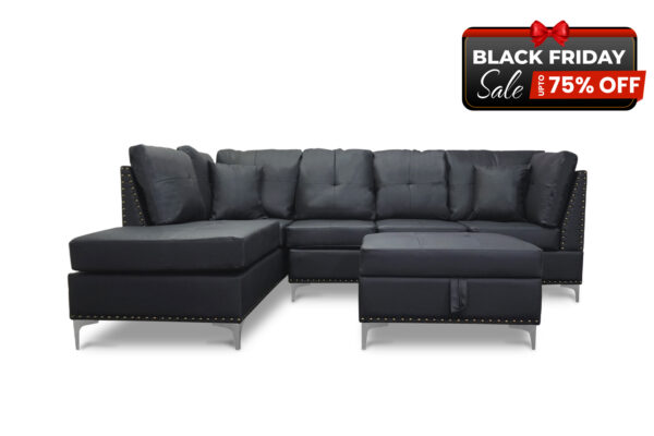 Manhattan Sectional Sofa with Free Ottoman in Black PU - BF