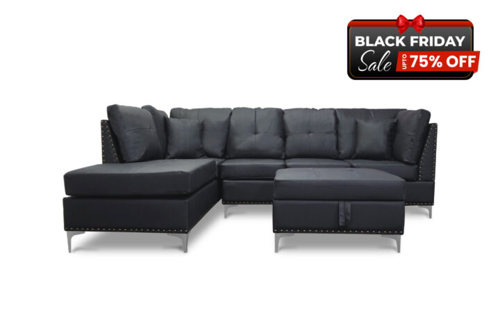 Manhattan Sectional Sofa with Free Ottoman in Black PU - BF