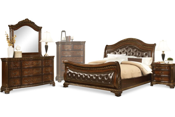 King Arthur Bed, Dresser, Mirror and Nightstand