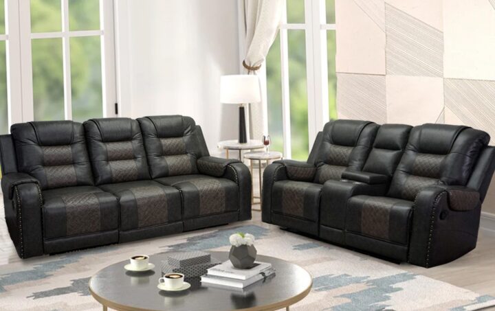 Forbes Reclining Sofa and Loveseat in 2 tone gray