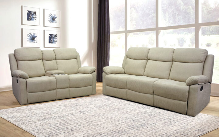 Greige Reclining Sofa and Loveseat