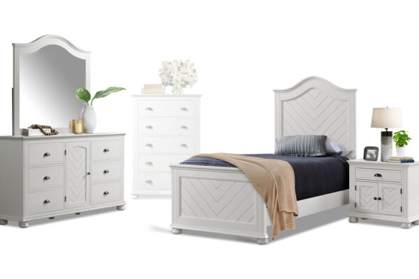 Kano twin bed, dresser, mirror and nightstand in white