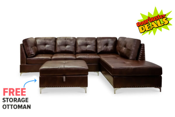 Manhattan Sectional Sofa with FREE Ottoman in Brown PU