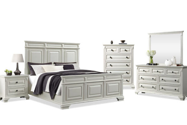 BRIDGESTONE QUEEN BED, DRESSER, MIRROR, CHEST & NIGHT STAND IN ANTIQUE WHITE