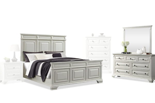 BRIDGESTONE QUEEN BED, DRESSER & MIRROR IN ANTIQUE WHITE