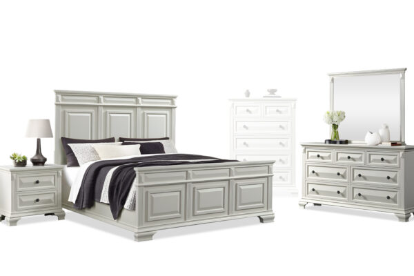 BRIDGESTONE QUEEN BED, DRESSER, MIRROR & NIGHT STAND IN ANTIQUE WHITE