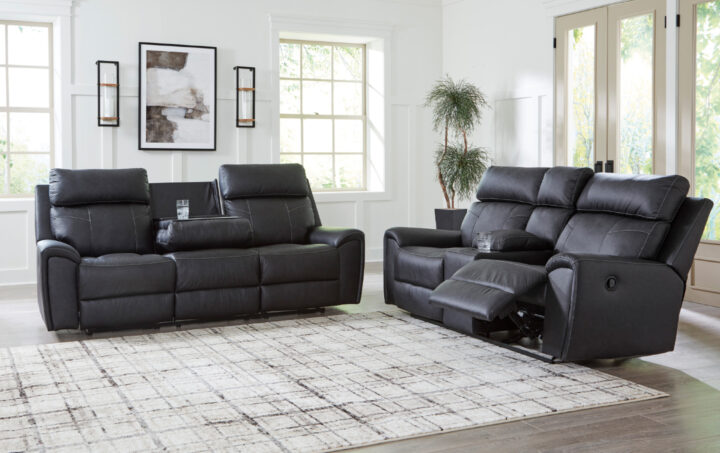 FLORELLE RECLINING SOFA & LOVESEAT IN CHARCOAL BLACK 01