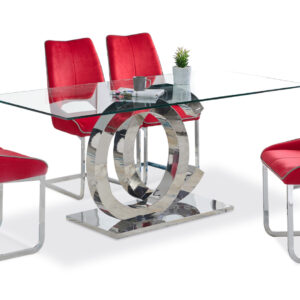 AMANI DINING TABLE IN GLASS & STAINLESS STEEL & 4 SIDE CHAIRS IN RED