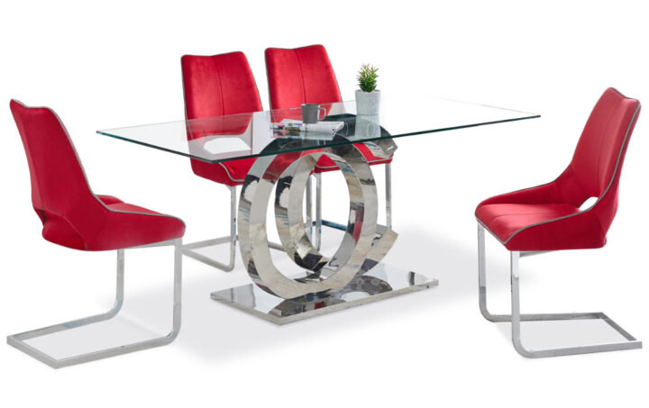 AMANI DINING TABLE IN GLASS & STAINLESS STEEL & 4 SIDE CHAIRS IN RED