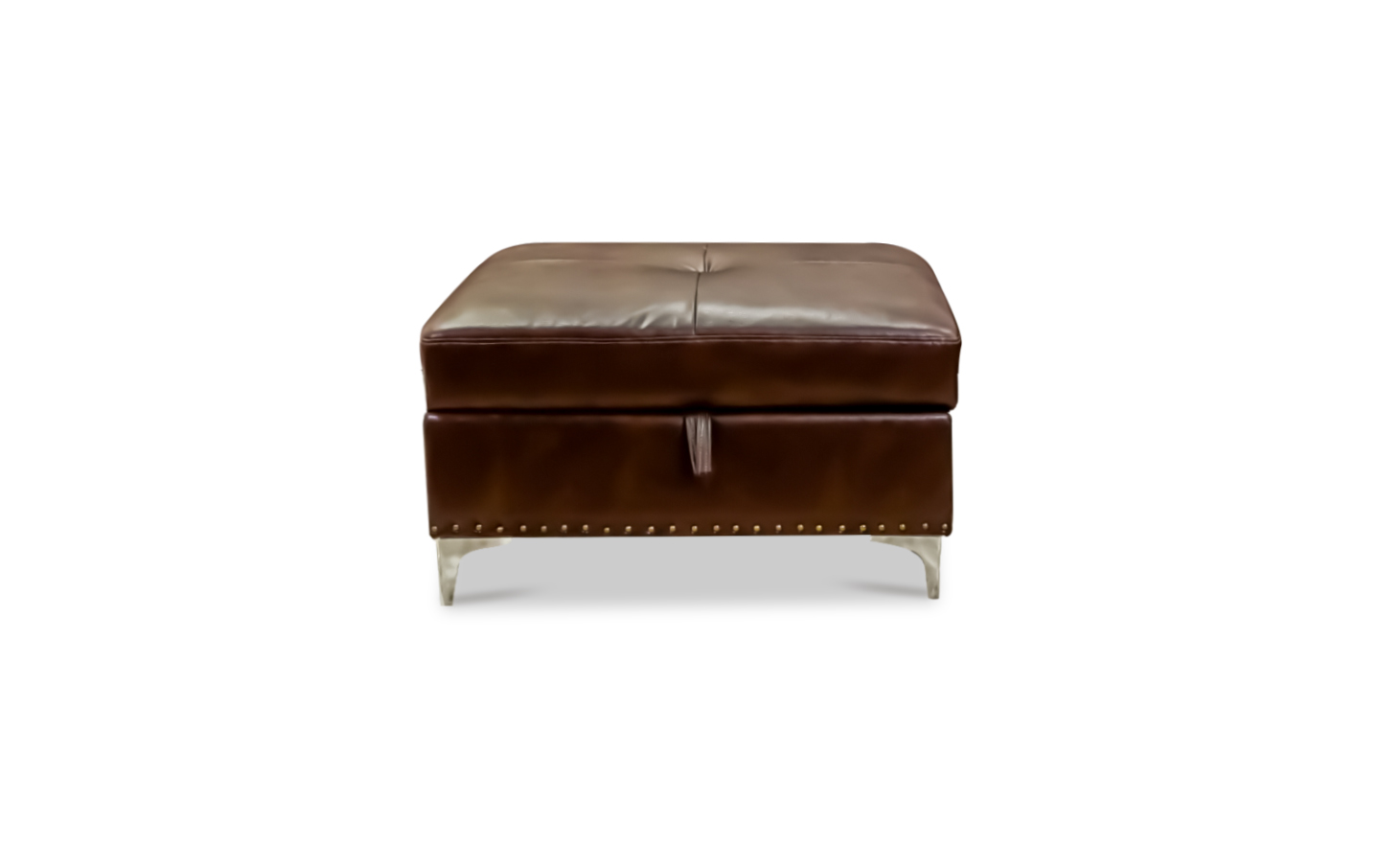 A brown PU upholstered ottoman that comes with discreet storage for accessories while providing extra seating or foot rest