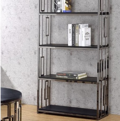a sleek open back bookshelf equipped with books and decor