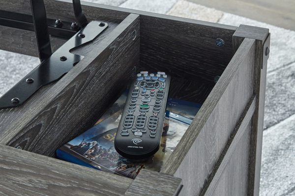 a modular coffee table with a liftable top and hidden storage