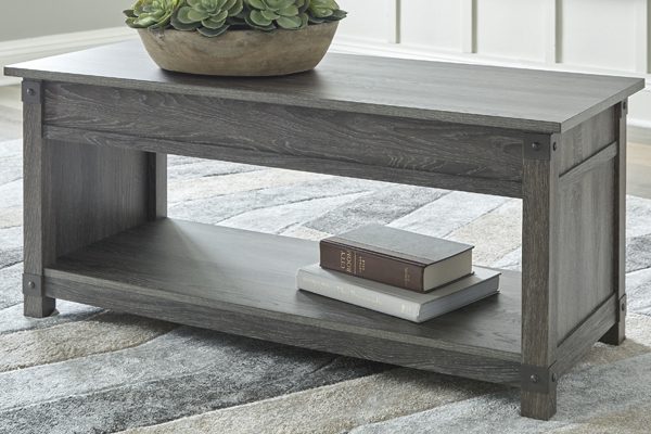a modular coffee table with a liftable top and hidden storage