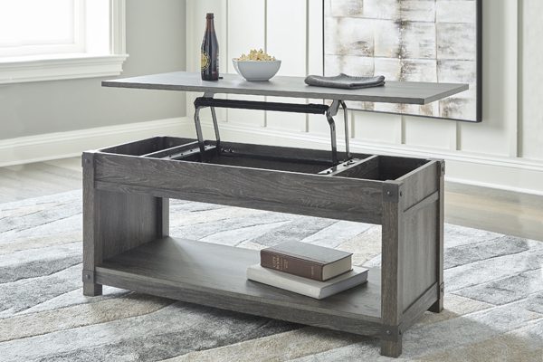 a modular coffee table with a liftable top and hidden storage