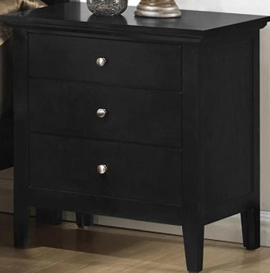 A contemporary black nightstand for guest storage
