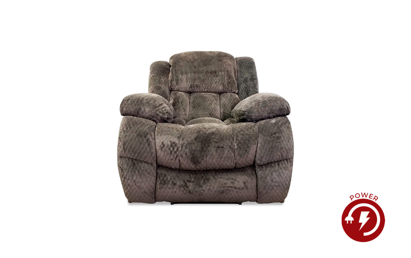 An oversized electric recliner chair with cozy chocolate brown fabric upholstery