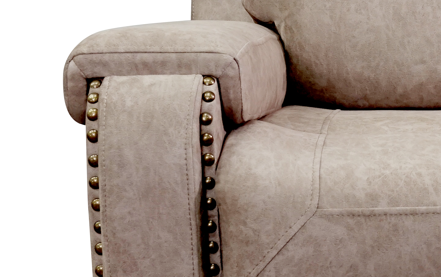closeup of antiqued metal nailhead trim detail on the arm fronts