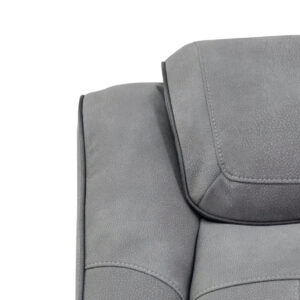 closeup of the plush headrest and gray leather upholstery