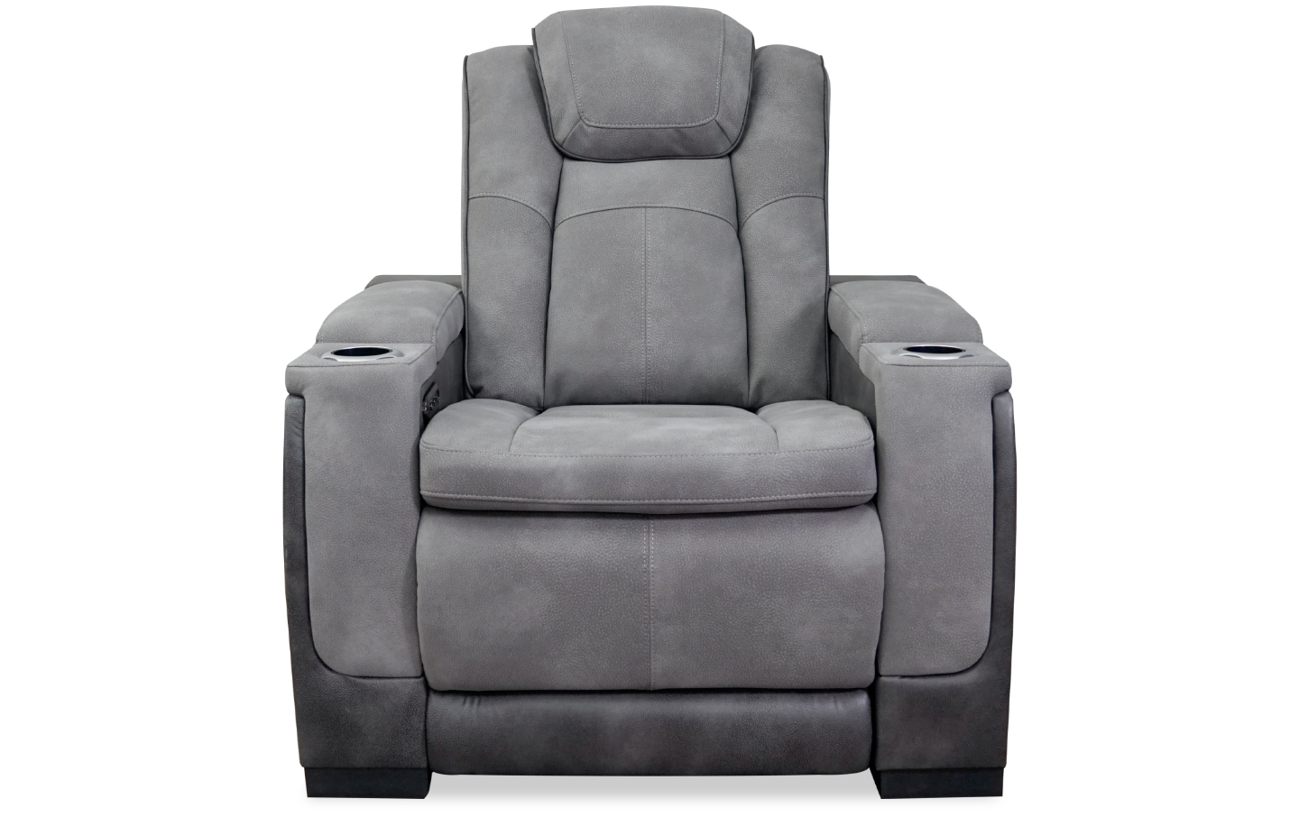 two-toned gray theatre style reclining chair with cup holders