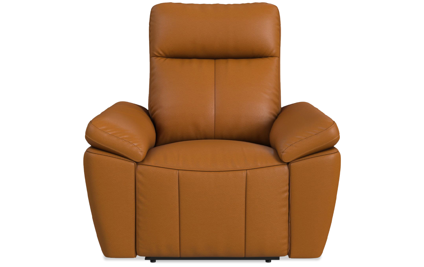 A tangerine leather recliner with high plush backrest and pillowy arms