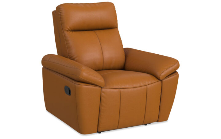 side view of a plush high-backrest recliner in tangerine leather