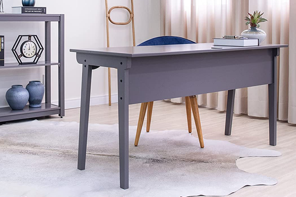 A simple gray, glossy writing desk with slim profile