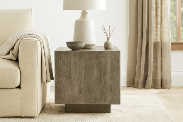 modern, minimalist wooden cube side table